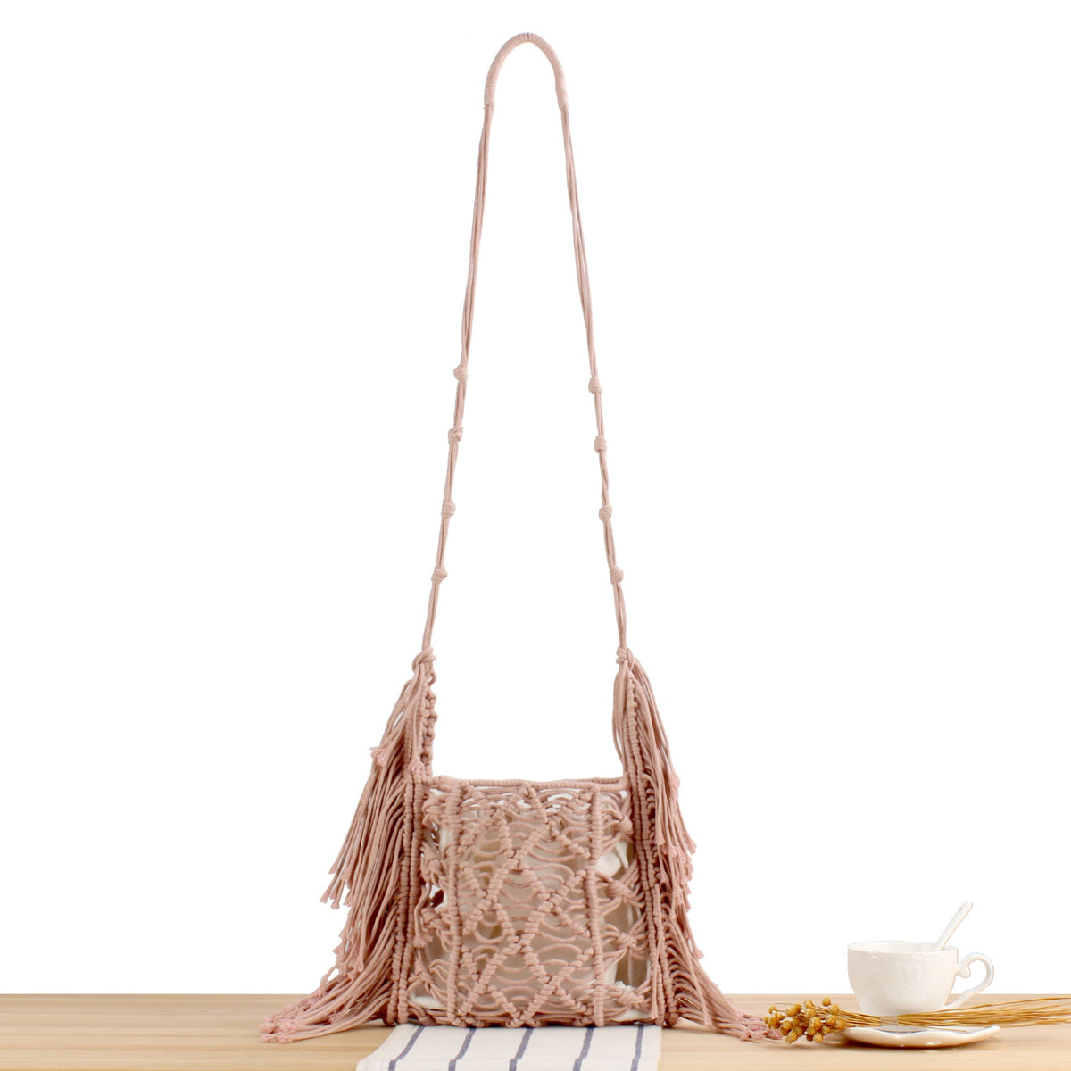 Creative Macrame Shoulder Bag with Fringe LoungeYard — product view 1