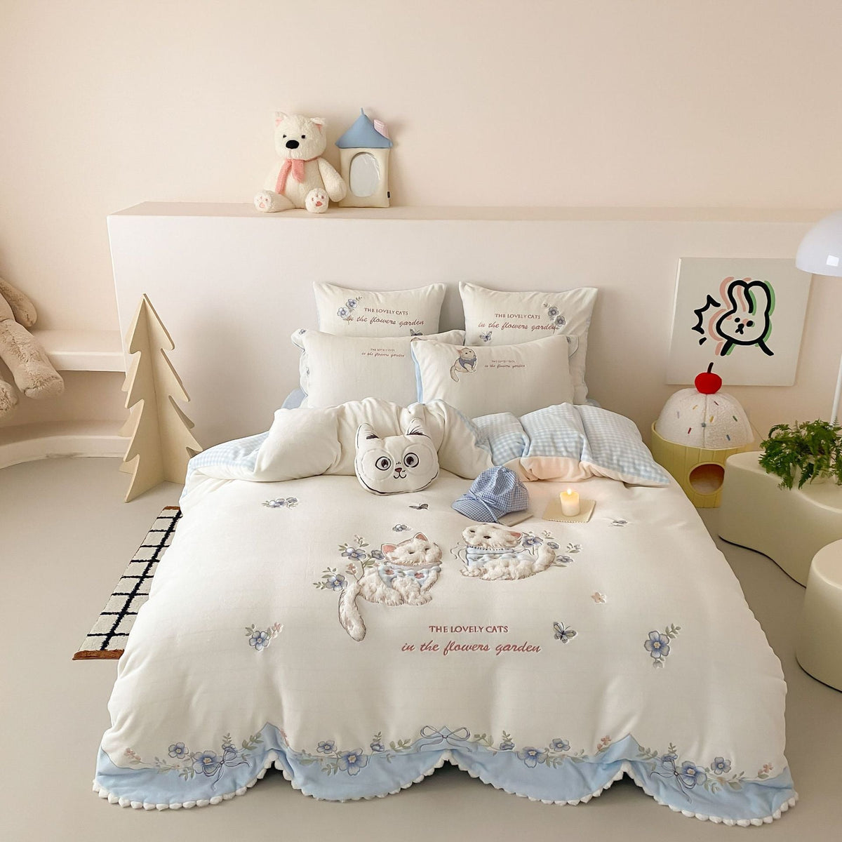 Delicate embroidered cotton bedding set with 3D cat applique and ruffle LoungeYard — product view 6