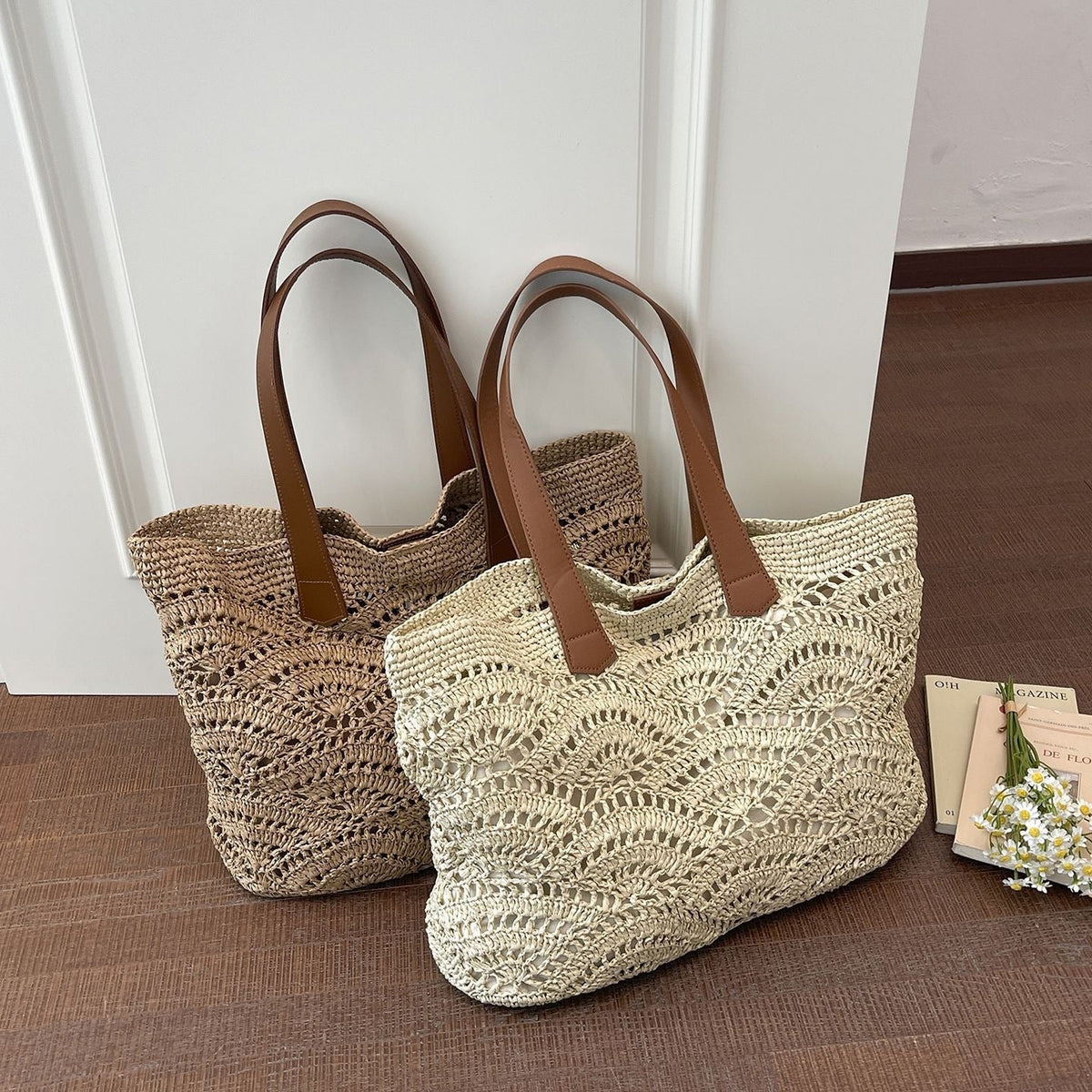 Handwoven macrame bag with leather handles LoungeYard — product view 2