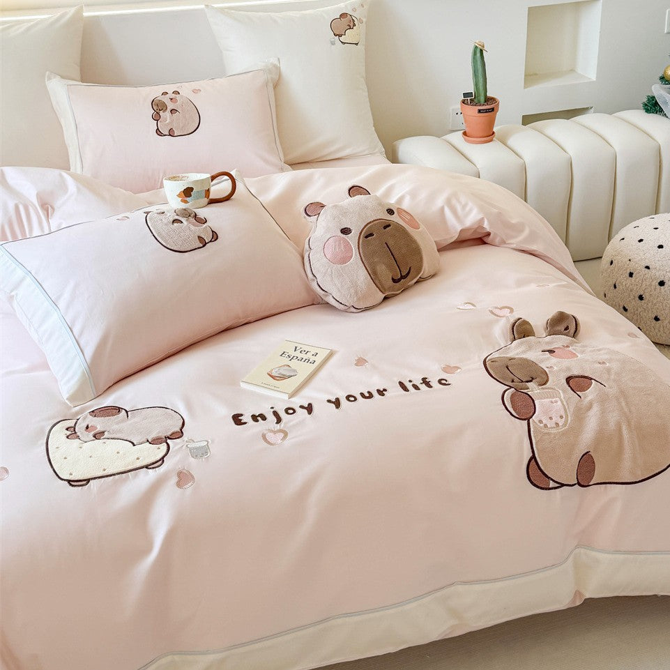 Kawaii bedding set with appliquéd plush bears and breathable cotton satin — product view 3