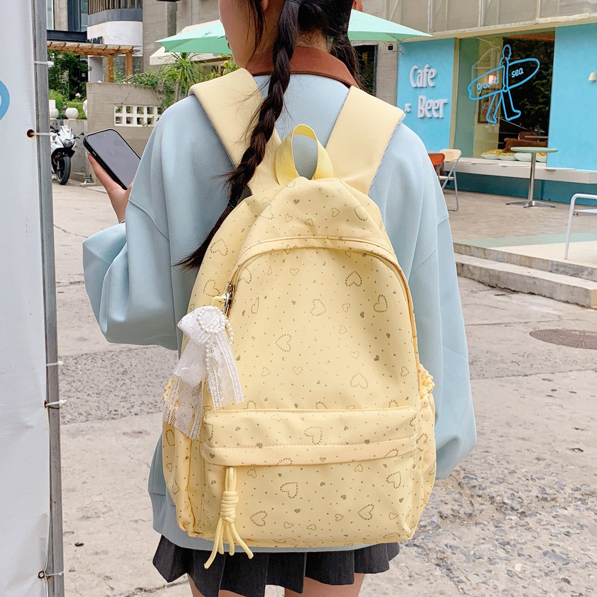 Heart-Patterned School Backpack LoungeYard — product view 1