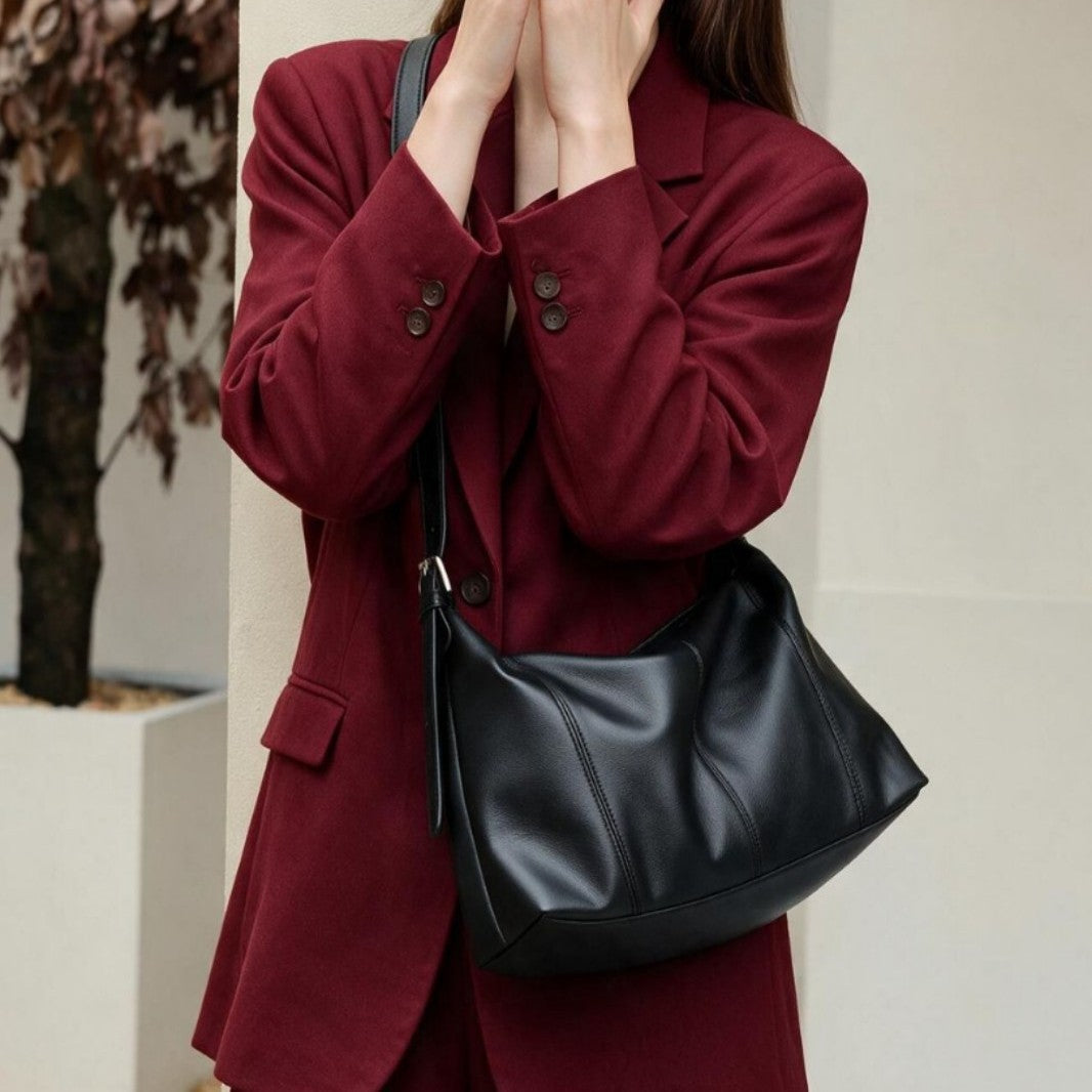 Curved-Side Pebbled Leather Slouchy Shoulder Hobo with Adjustable Buckle Straps — product view 4