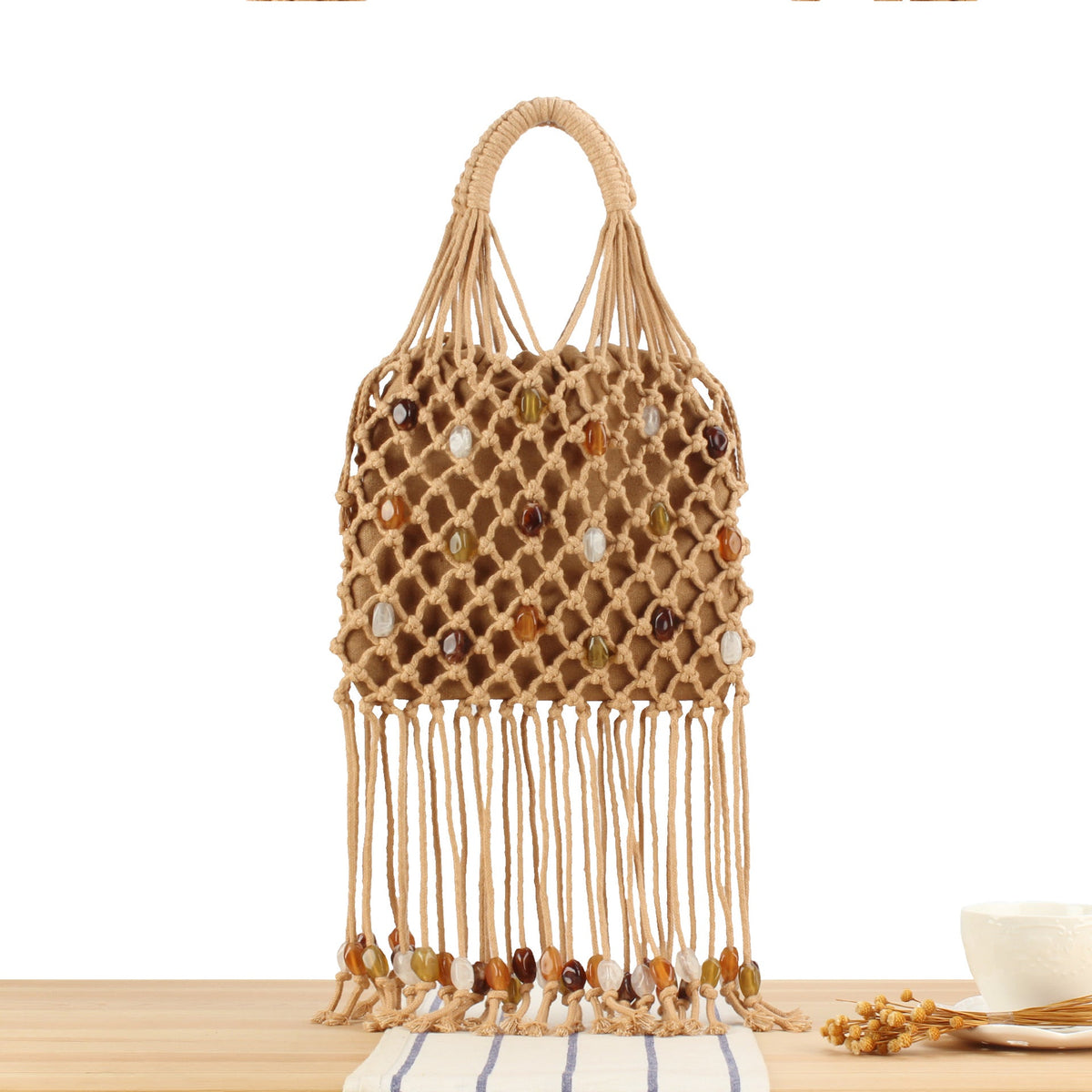 Macrame Tote Bag with Unique Bead Decoration LoungeYard — product view 7