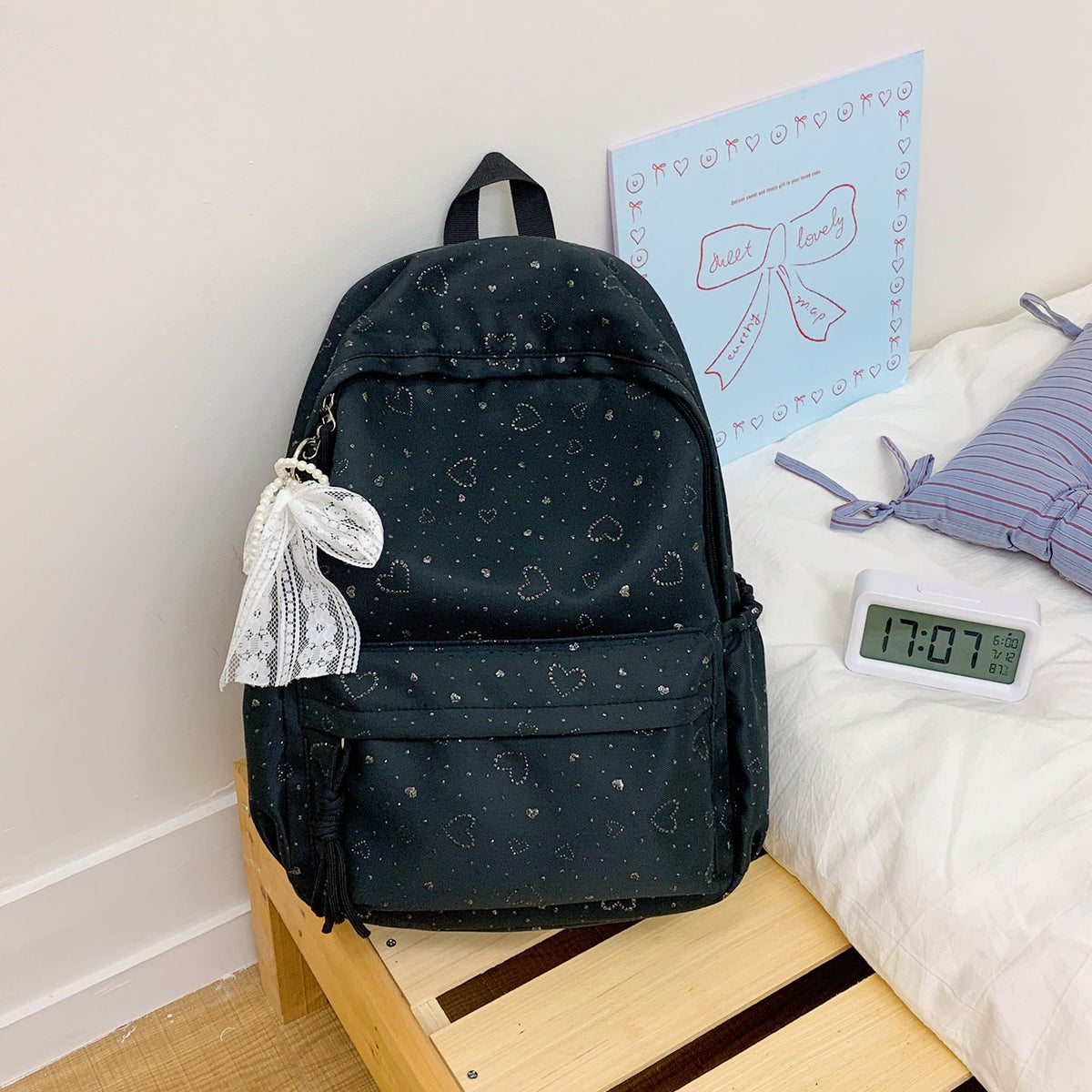 Heart-Patterned School Backpack LoungeYard — product view 7