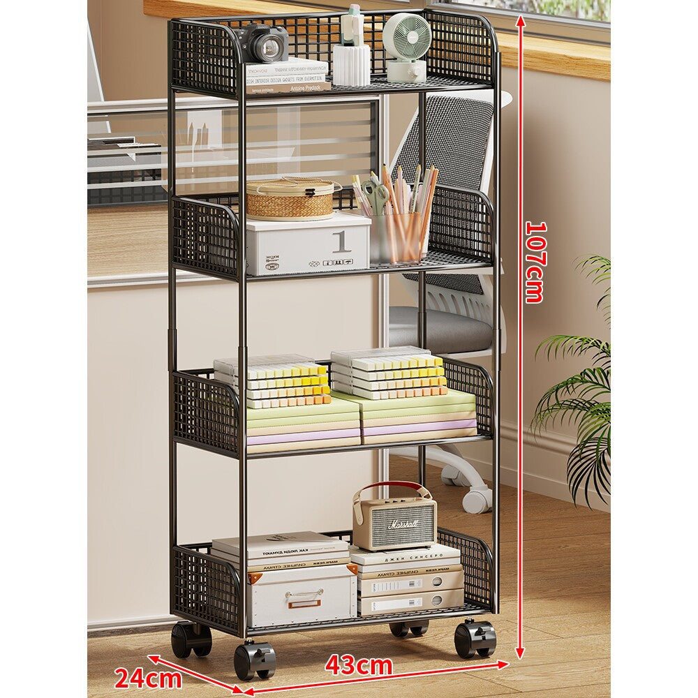 Narrow Vertical Wire-Mesh Utility Cart with Four Deep Basket Shelves and Locking Caster Wheels — product view 2