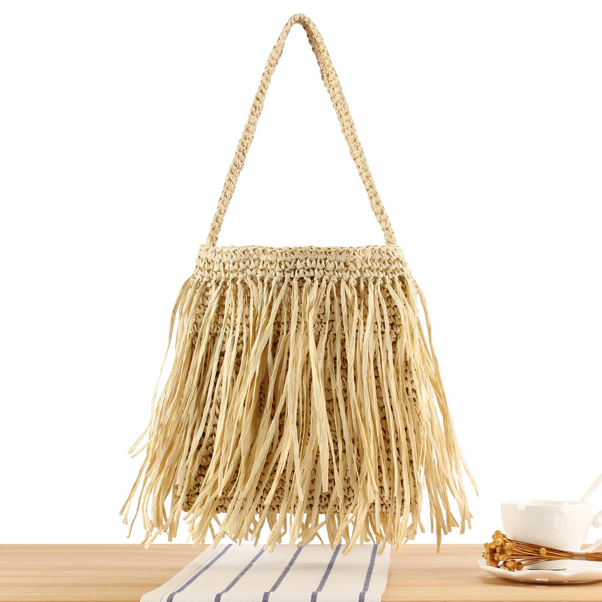 Braided summer handbag with fringed design LoungeYard — product view 6