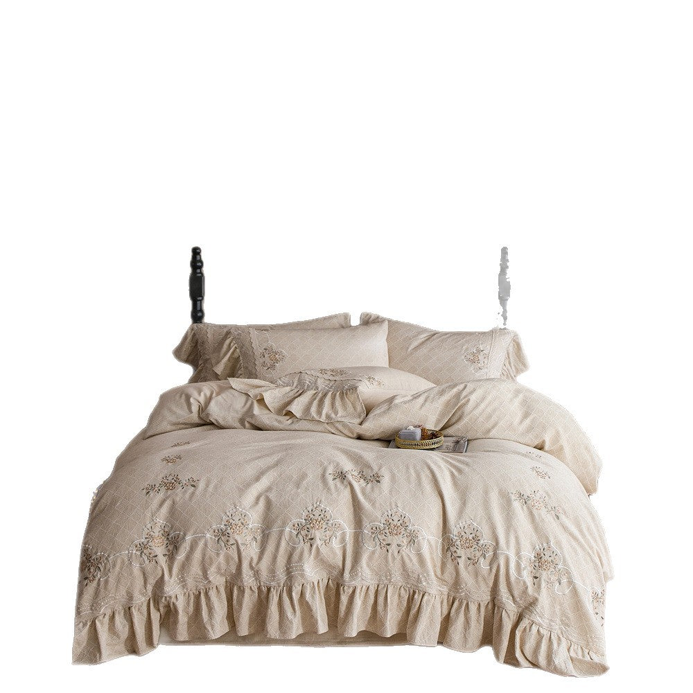 Romantic cotton bedding set with diamond jacquard, embroidered border, and gathered ruffle — product view 5