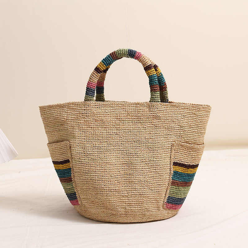 Handcrafted basket bag with colorful stripe accents LoungeYard — product view 2