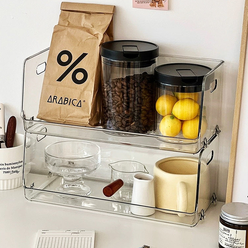 Acrylic kitchen organizer, stackable transparent storage shelf with handles — product view 1