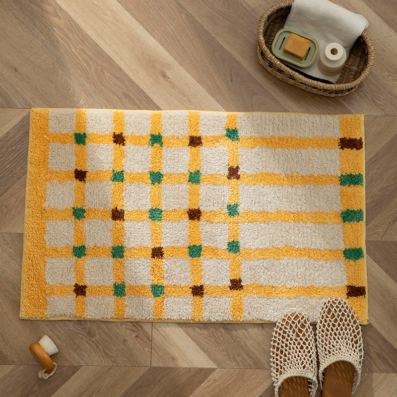 Soft runner bath mat with geometric checkered pattern and non-slip underside LoungeYard — product view 1