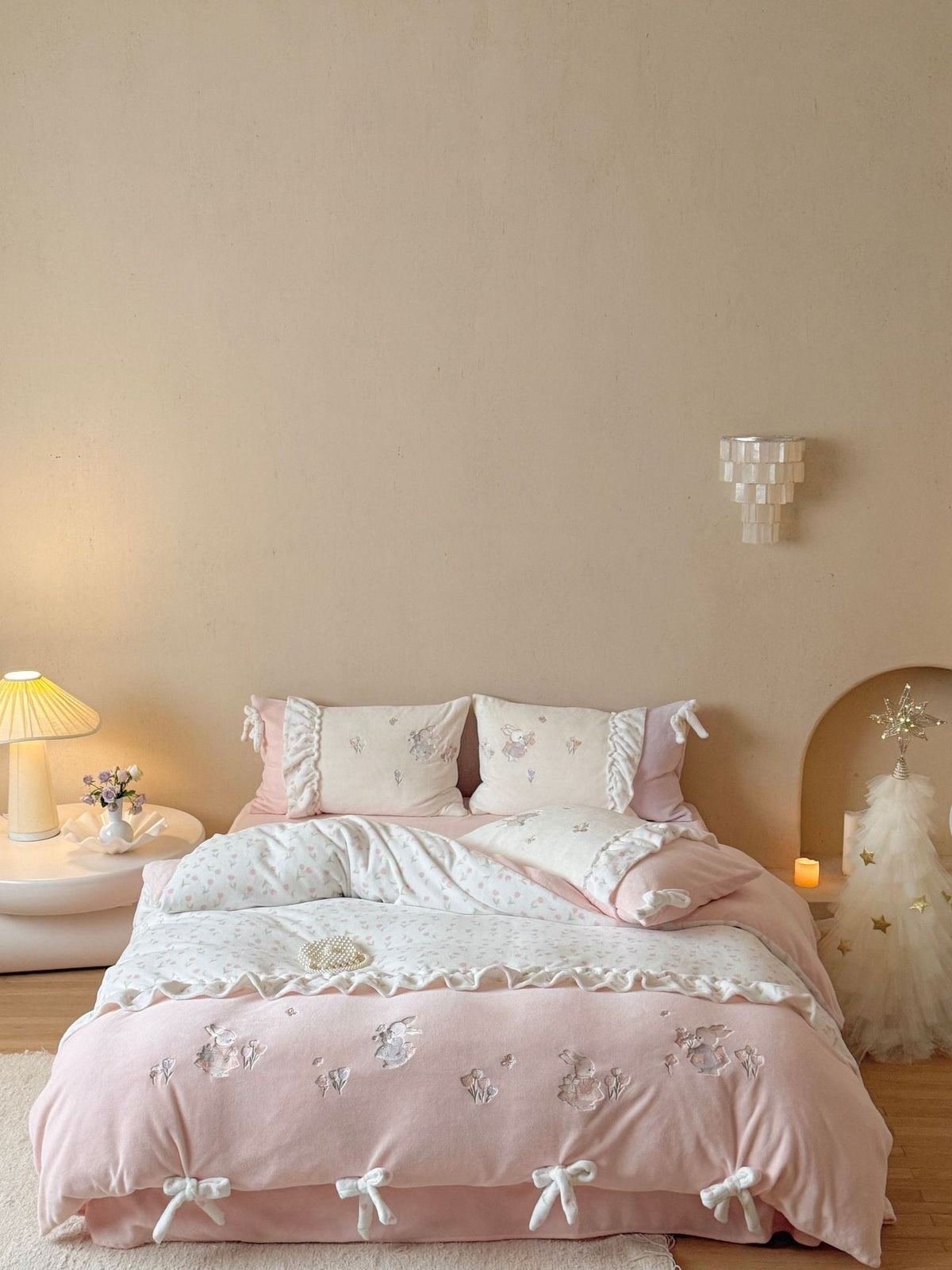 Children's bedding set with ruffles, bows and embroidered rabbit appliqués LoungeYard — product view 7