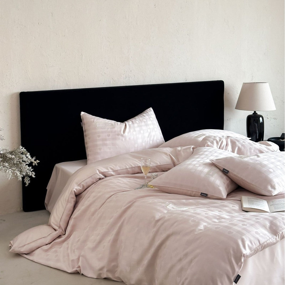 Luxurious cotton satin bed linen set with subtle check pattern and silk matte finish LoungeYard — product view 2