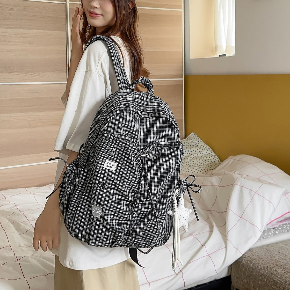 Lightweight Checkered Patterned Backpack LoungeYard — product view 1