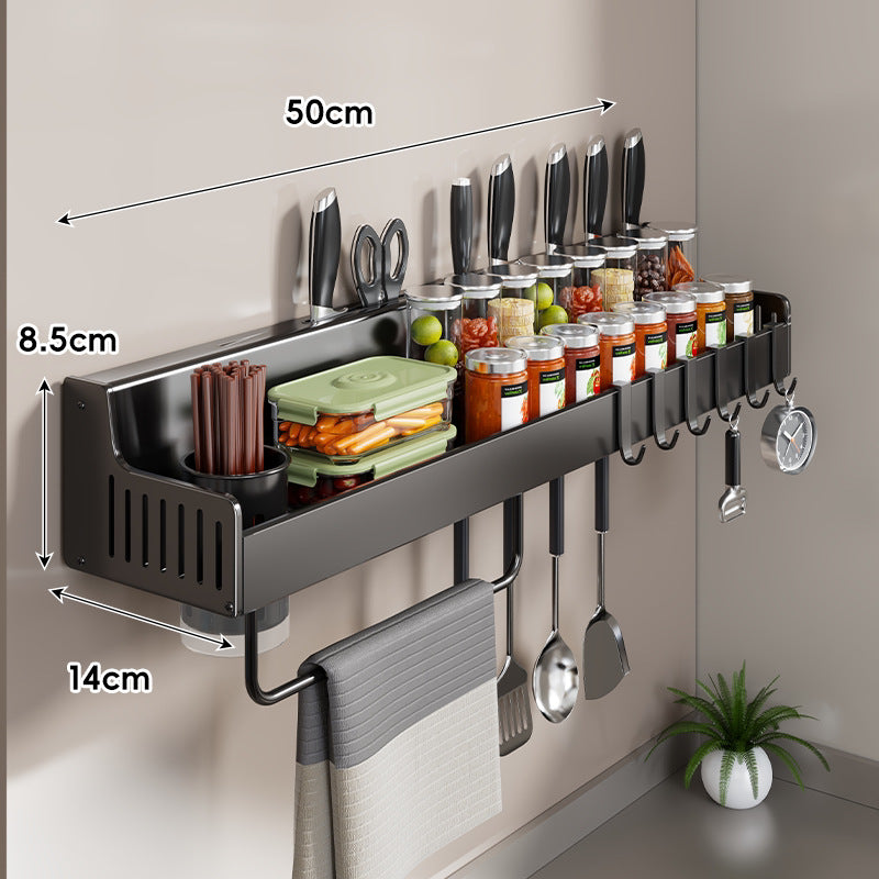 Wall-Mounted Stainless Steel Kitchen Rail with Knife Slots Spice Jar Shelf Multi-Hook Towel Bar — product view 7