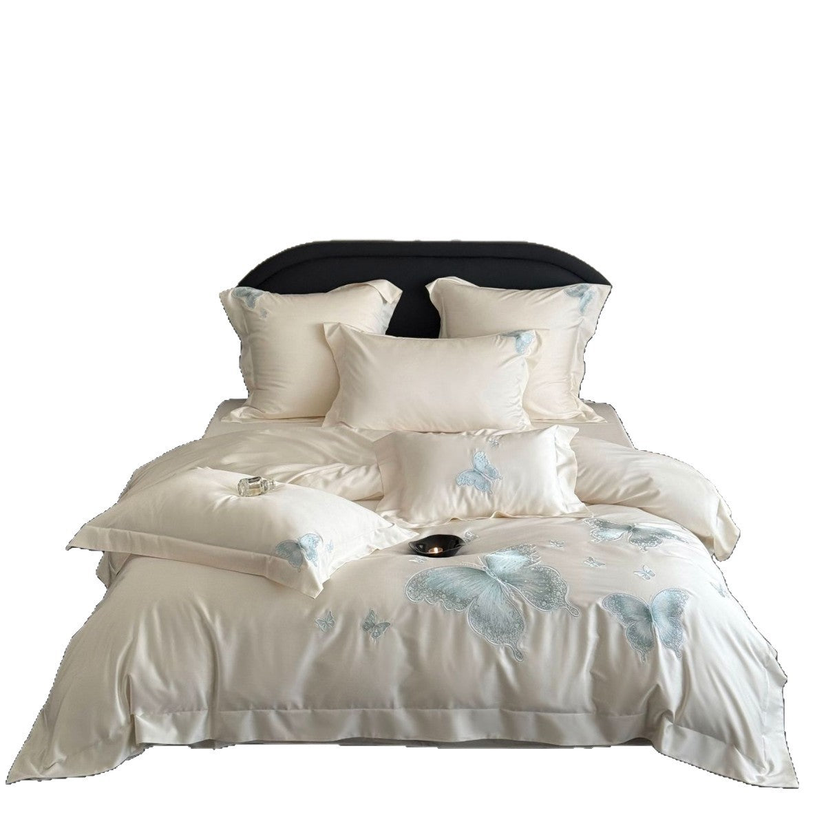Elegant satin bed linen set with tonal butterfly embroidery — product view 5
