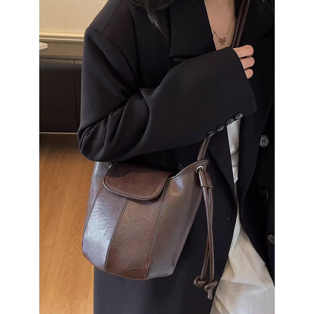 Vintage-Inspired Leather Drawstring Bucket Bag LoungeYard — product view 3