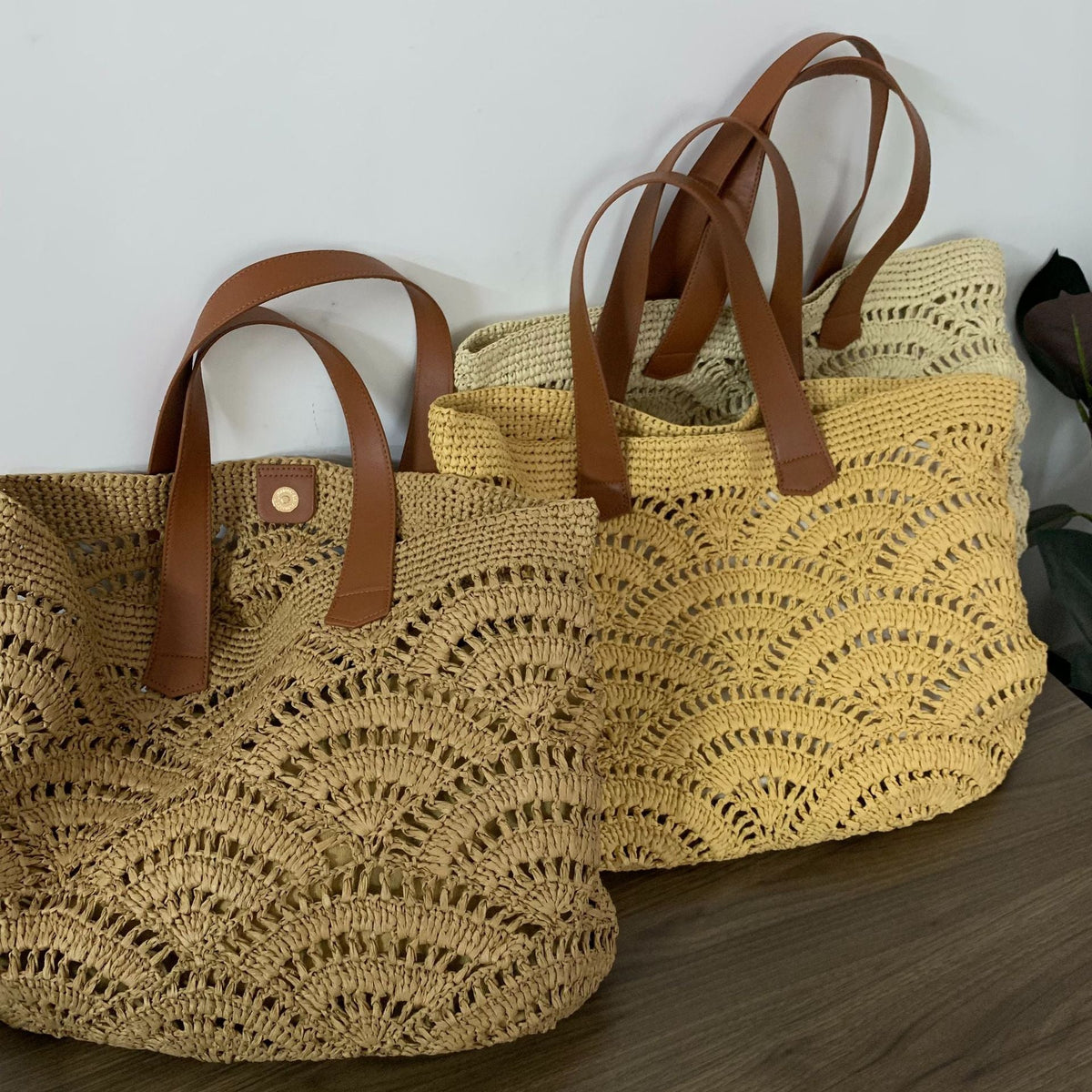 Handwoven macrame bag with leather handles LoungeYard — product view 1