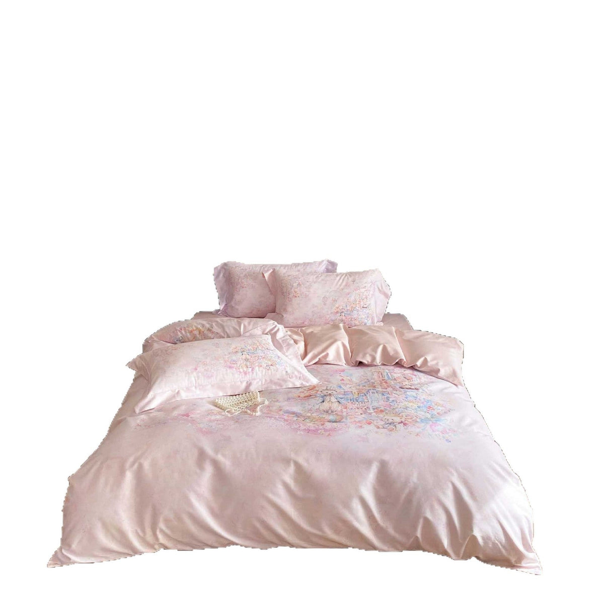 delicate cotton satin bedding set with a fairy-tale watercolor design — product view 4