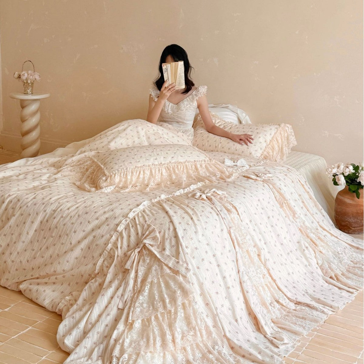 Vintage-inspired bedding set with pleated bedspread and delicate lace trim — product view 1
