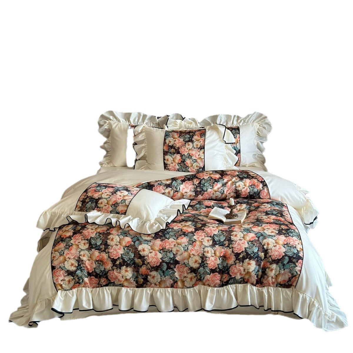 Luxurious floral cotton satin bedding set with ruffles and piping — product view 5
