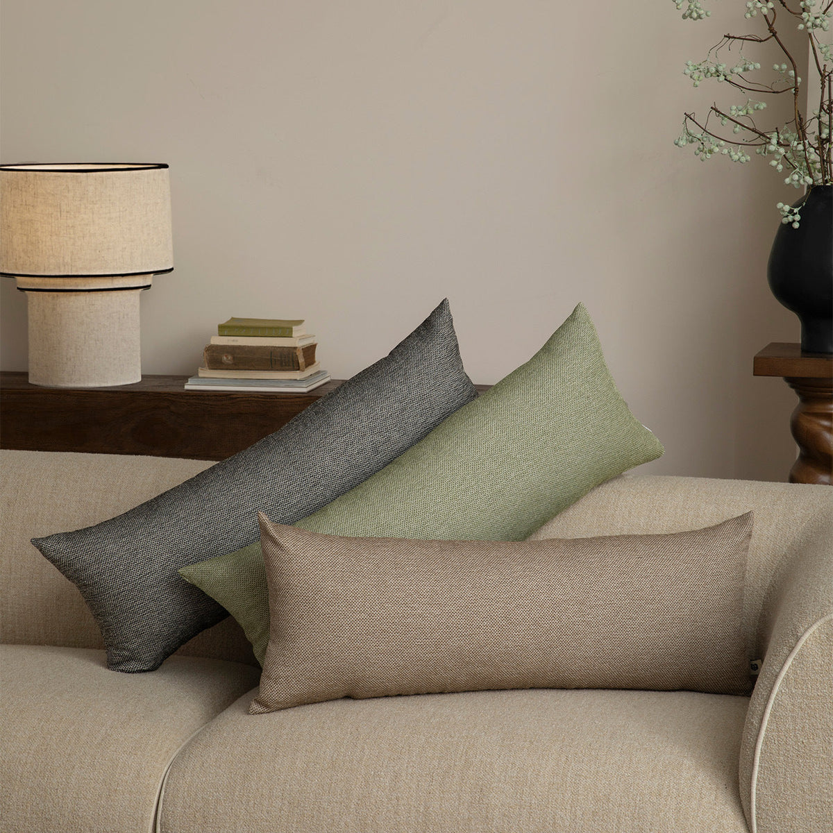 Long orthopedic lumbar support cushion in linen look — product view 1