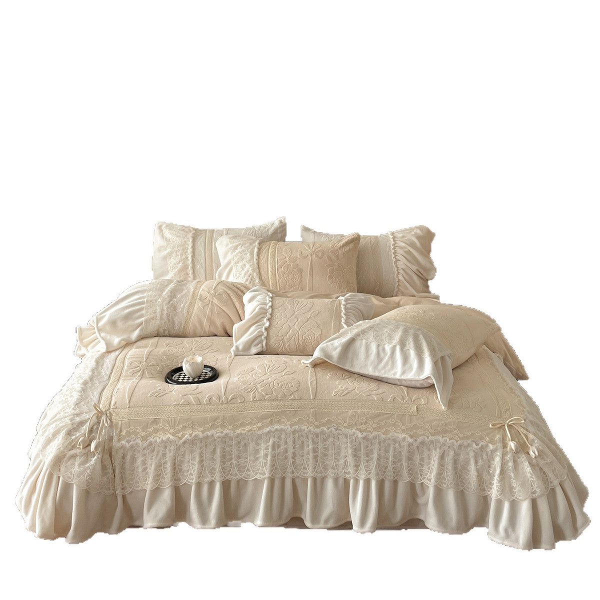 Luxury bedding set with quilted coverlet, lace ruffle, and decorative bed skirt — product view 5