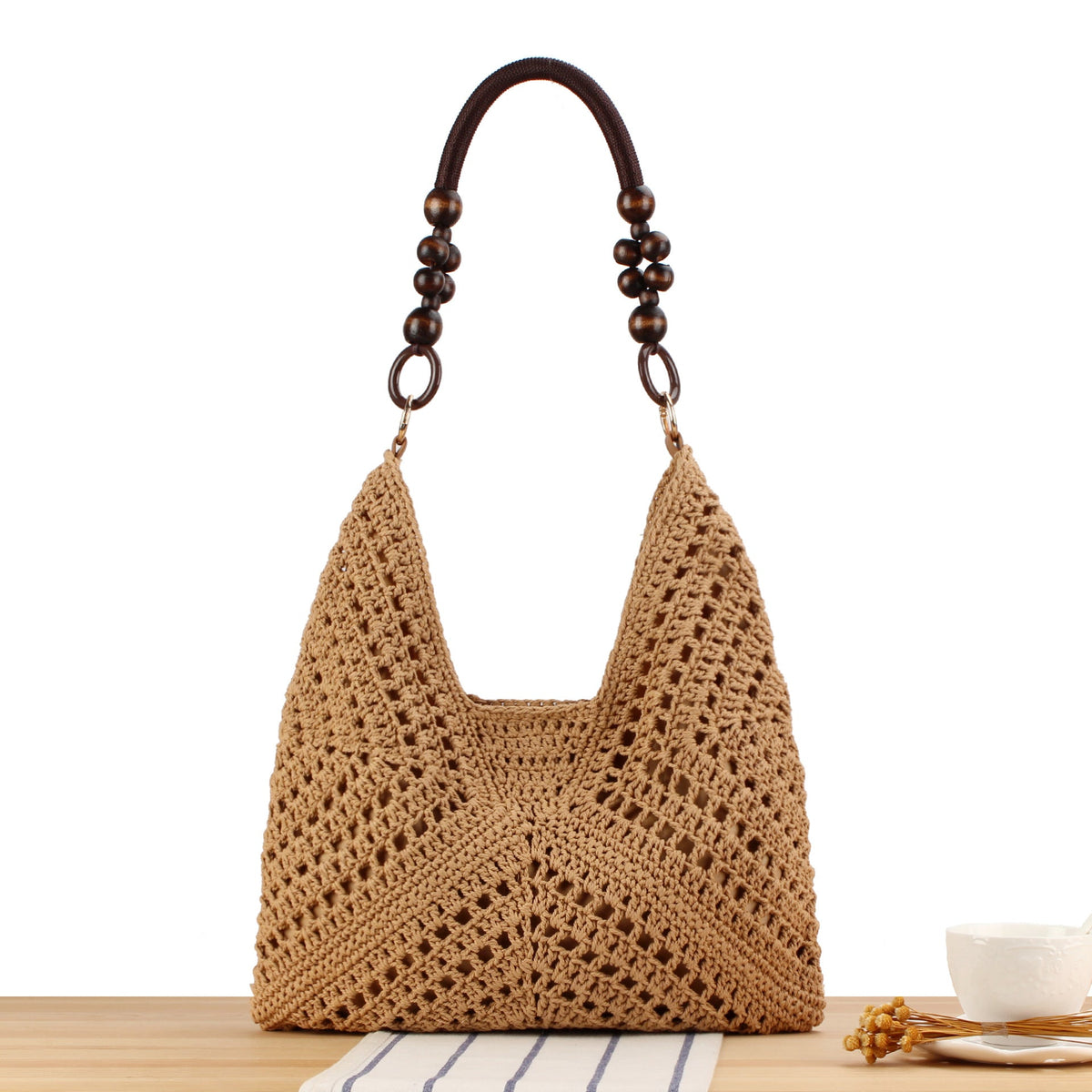 Handmade straw tote bag with elegant wooden handles LoungeYard — product view 7
