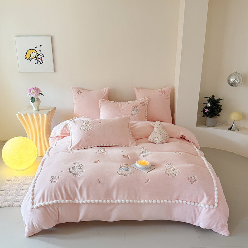 Cute cotton bedding set with embroidered bunny appliqués and pom-pom trim — product view 7