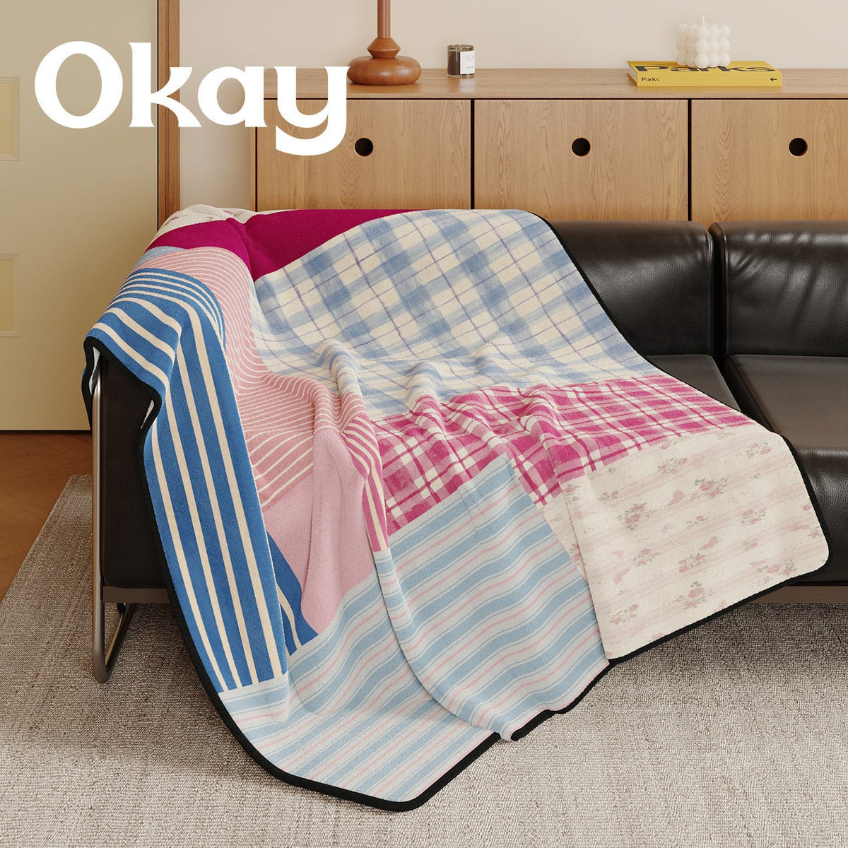 Reversible Patchwork Plush Throw Blanket with Mixed Plaid Stripes and Floral Panels — product view 4