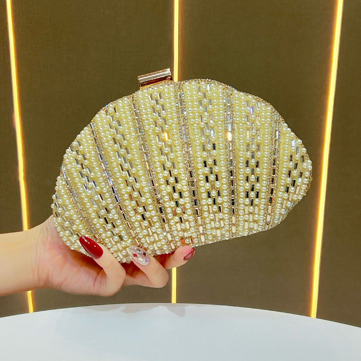 Pearl-Embellished Clamshell Evening Clutch — product view 2