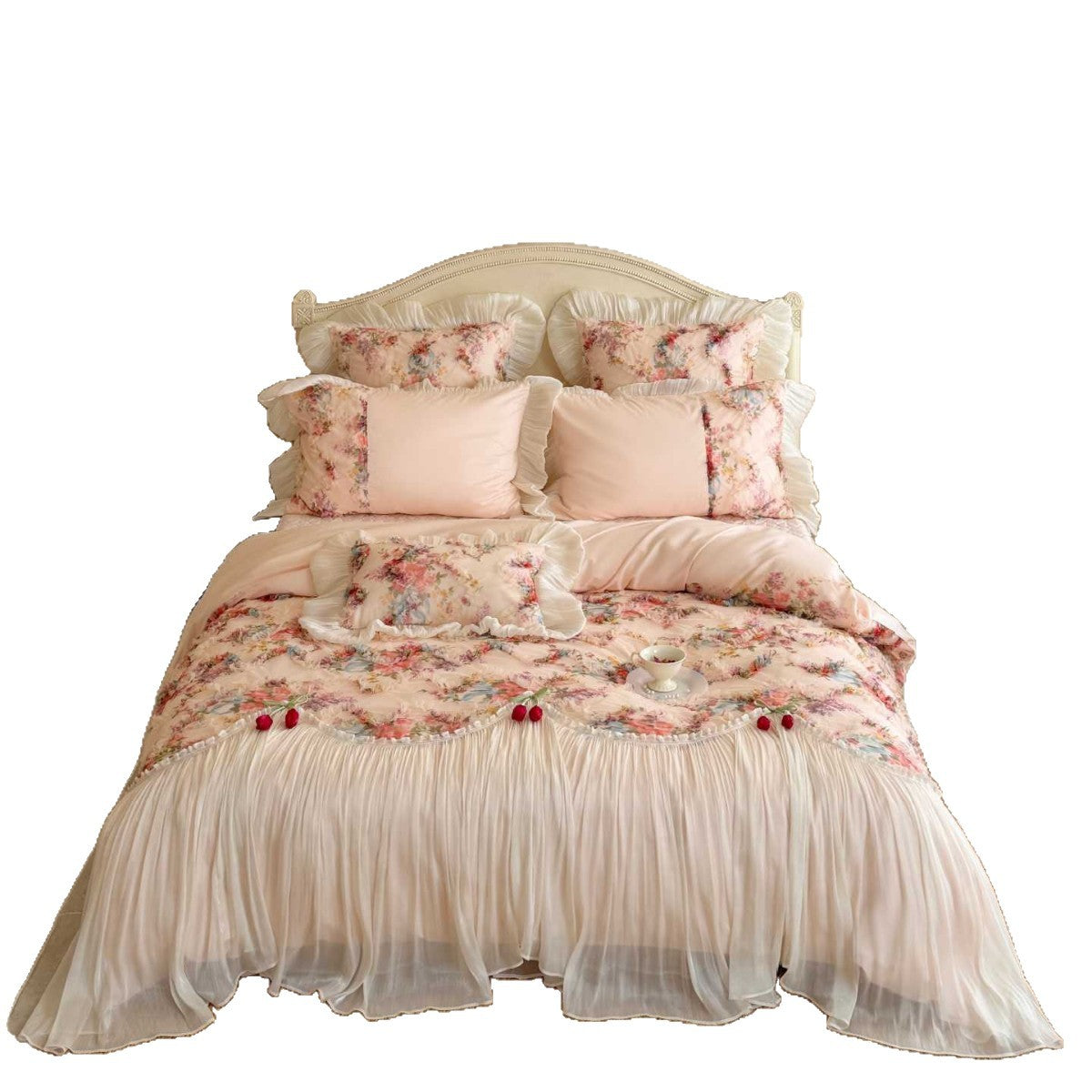 Luxurious multi-piece vintage bedding set with ruffles and floral pattern — product view 4