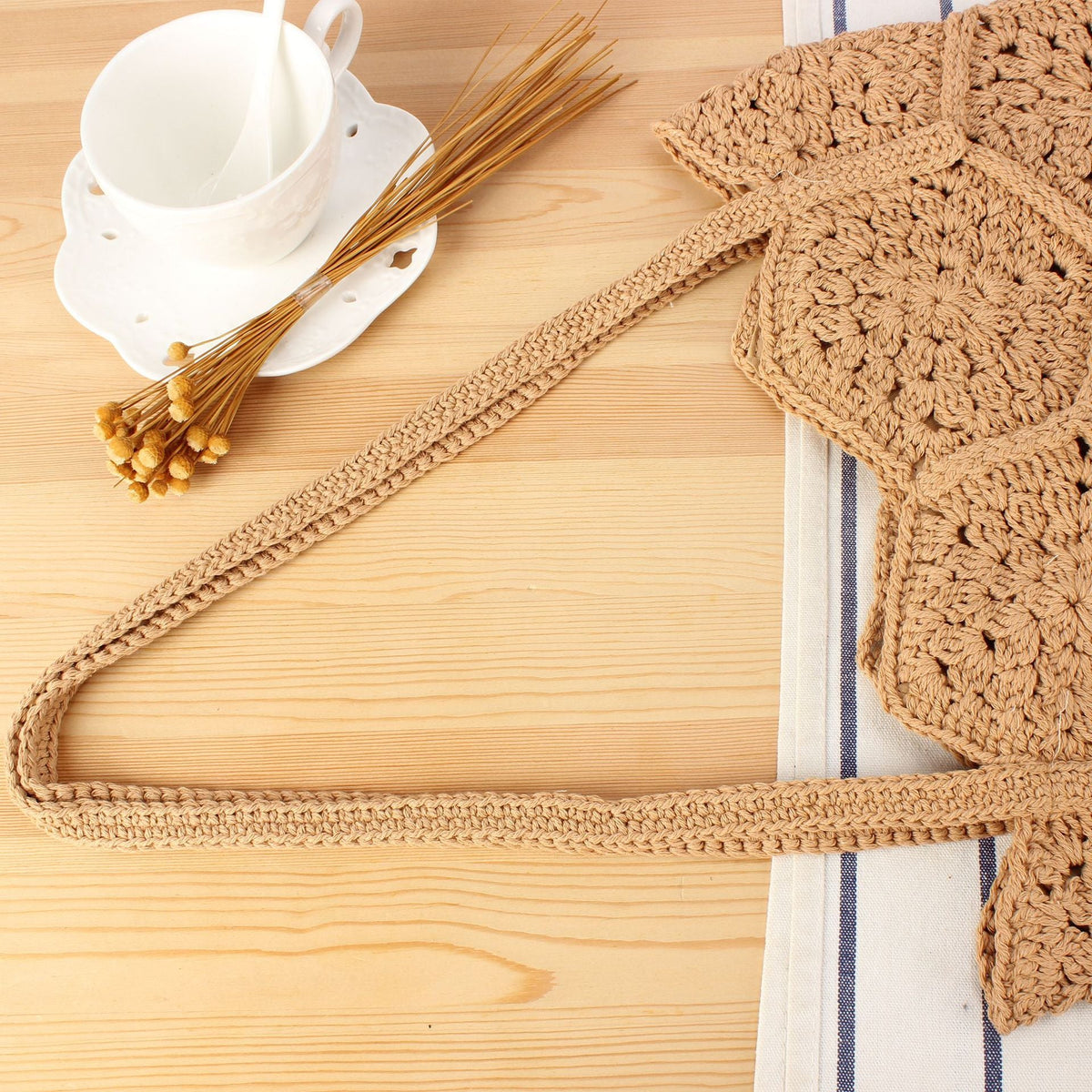 Handcrafted macrame tote bag with unique honeycomb pattern LoungeYard — product view 2