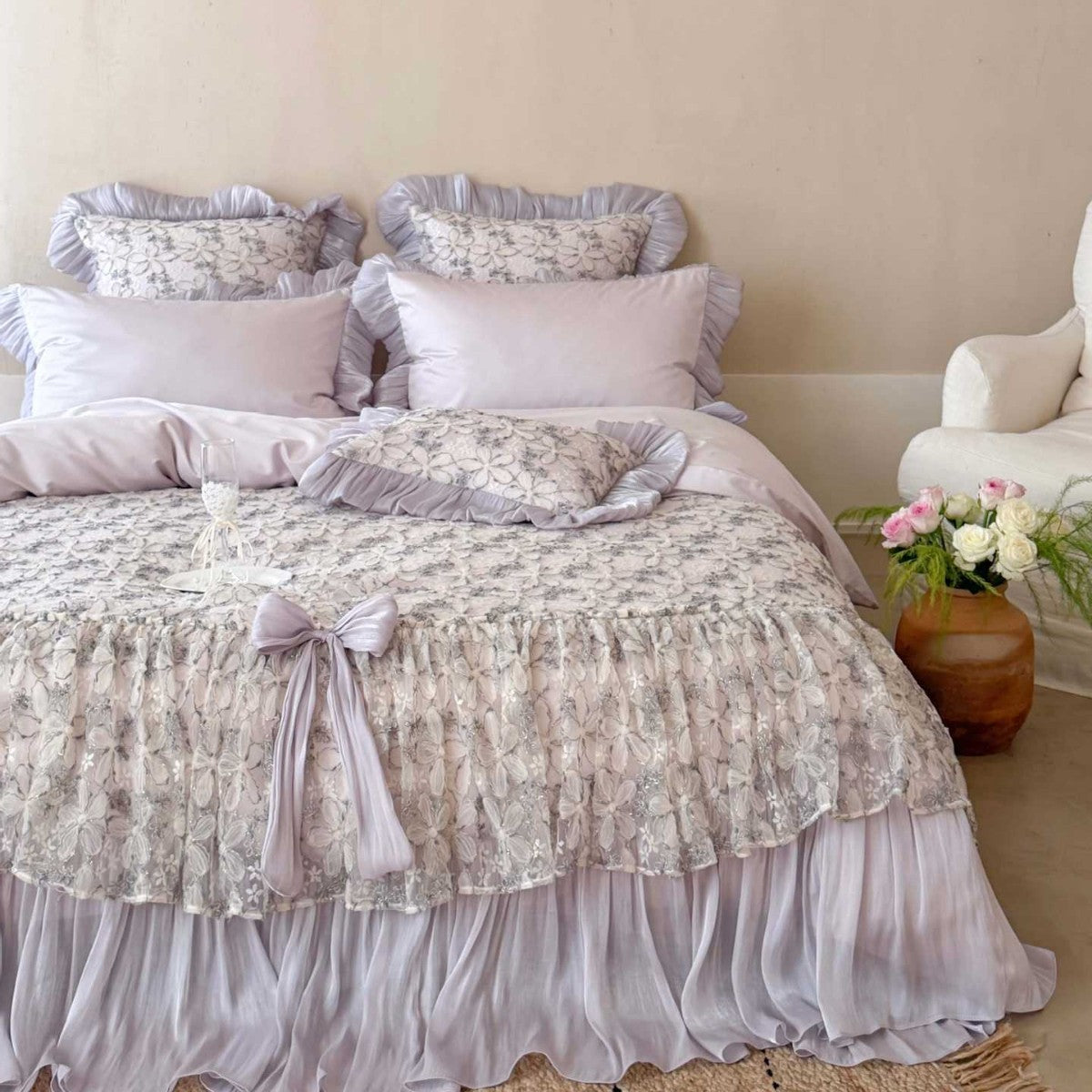 Romantic satin bedding set with ruffles and lace bedspread — product view 5