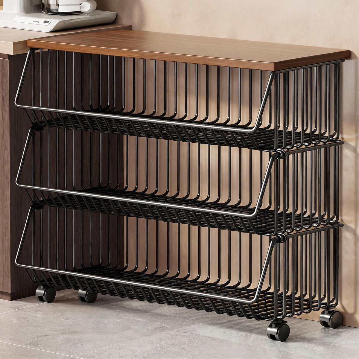 Multi-Tier Rolling Kitchen Fruit and Vegetable Storage Cart with Wood Top — product view 1