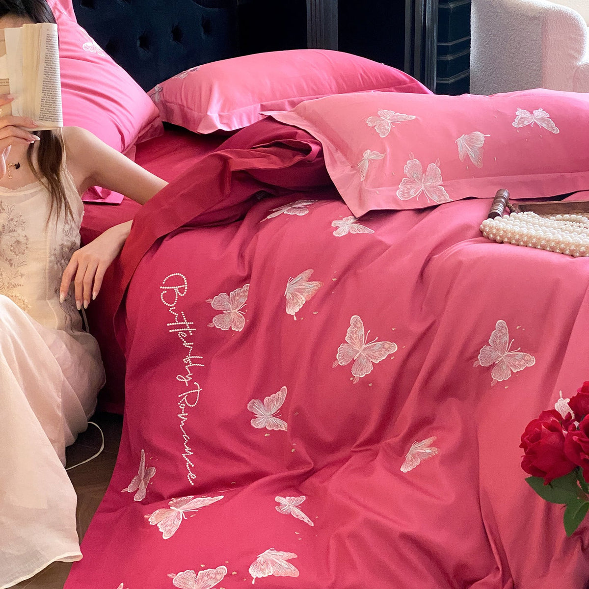 Luxury satin bedding set with embroidered butterfly appliqués LoungeYard — product view 3