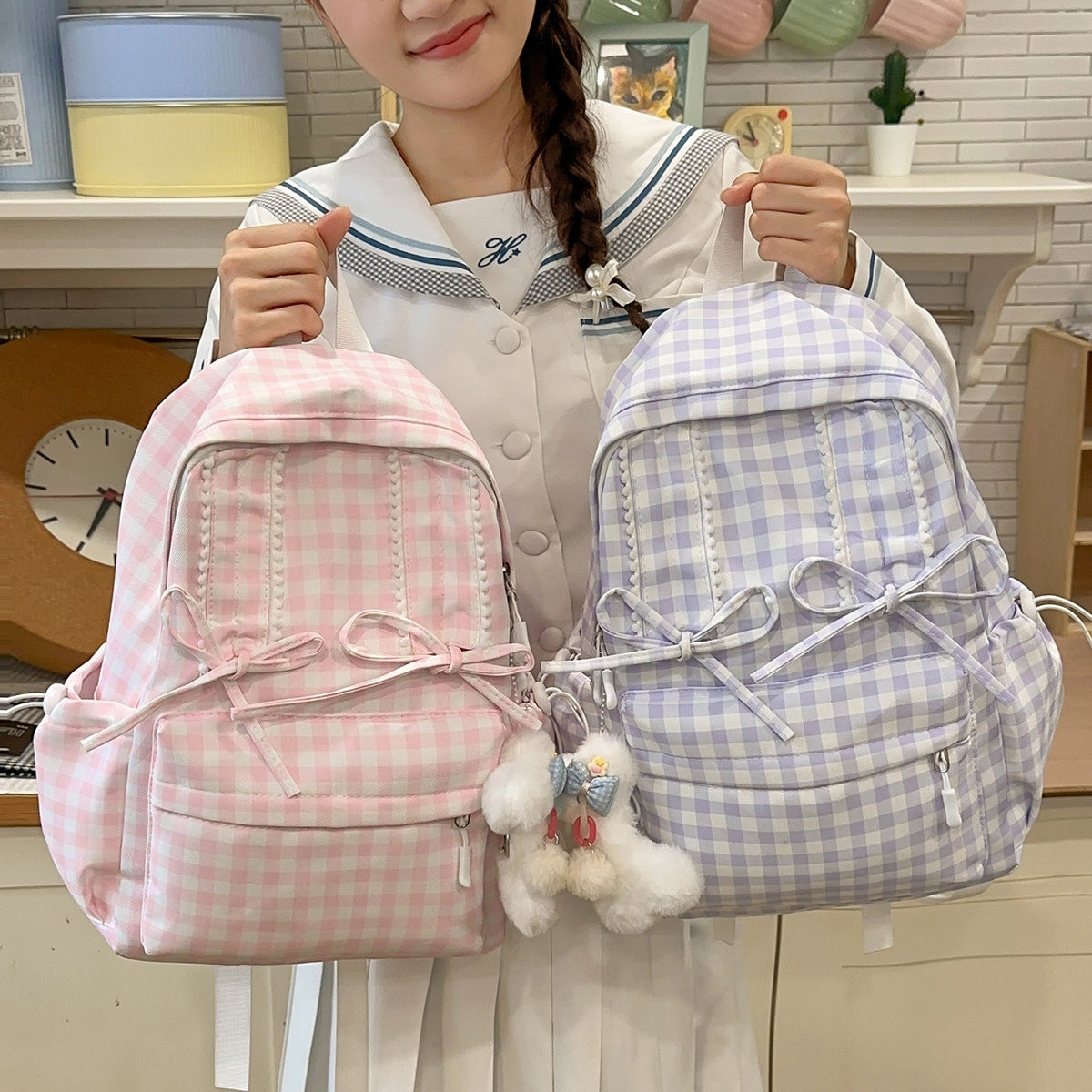 Stylish Gingham Print School Backpack LoungeYard — product view 3