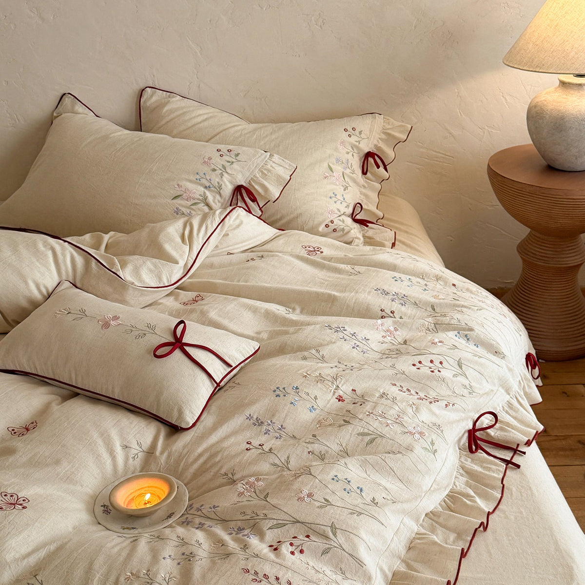 Luxurious linen bedding set with hand-embroidered bamboo and bird motif LoungeYard — product view 2