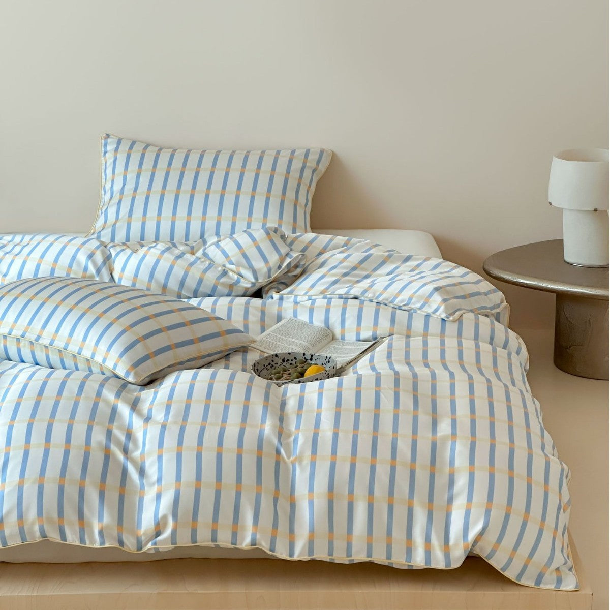 Soft cotton satin bedding with fine check and stripe pattern — product view 6