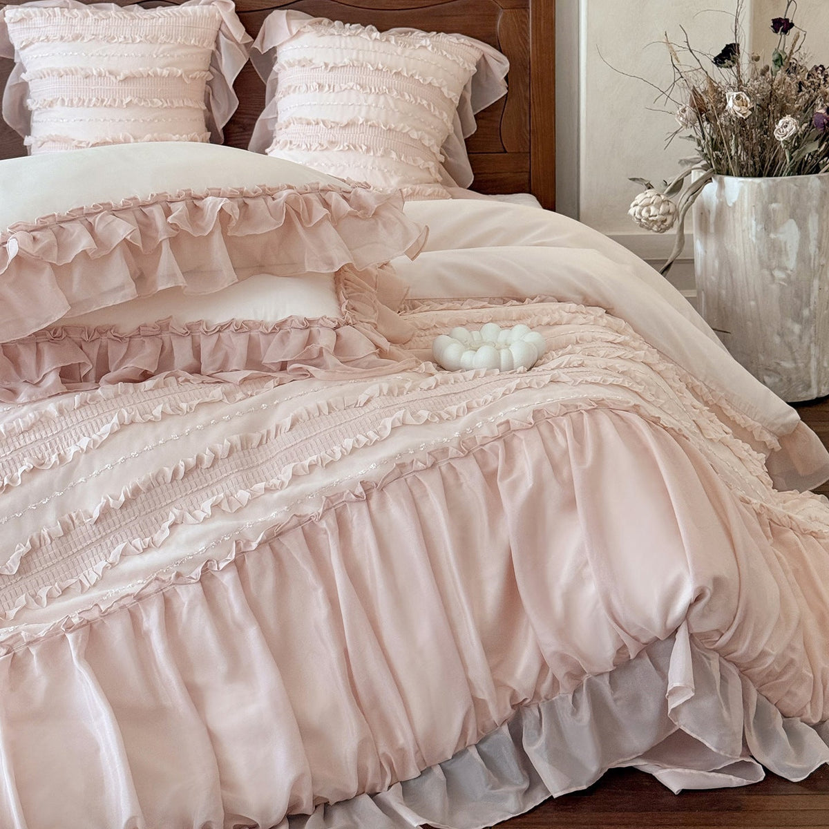 Romantic bedding complete set with ruffled bedspread, ruffle bed skirt, and decorative pillow — product view 3