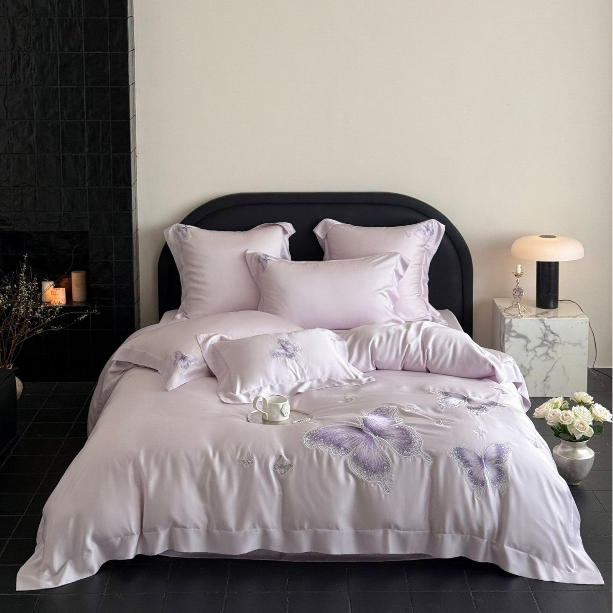 Elegant satin bed linen set with tonal butterfly embroidery — product view 7