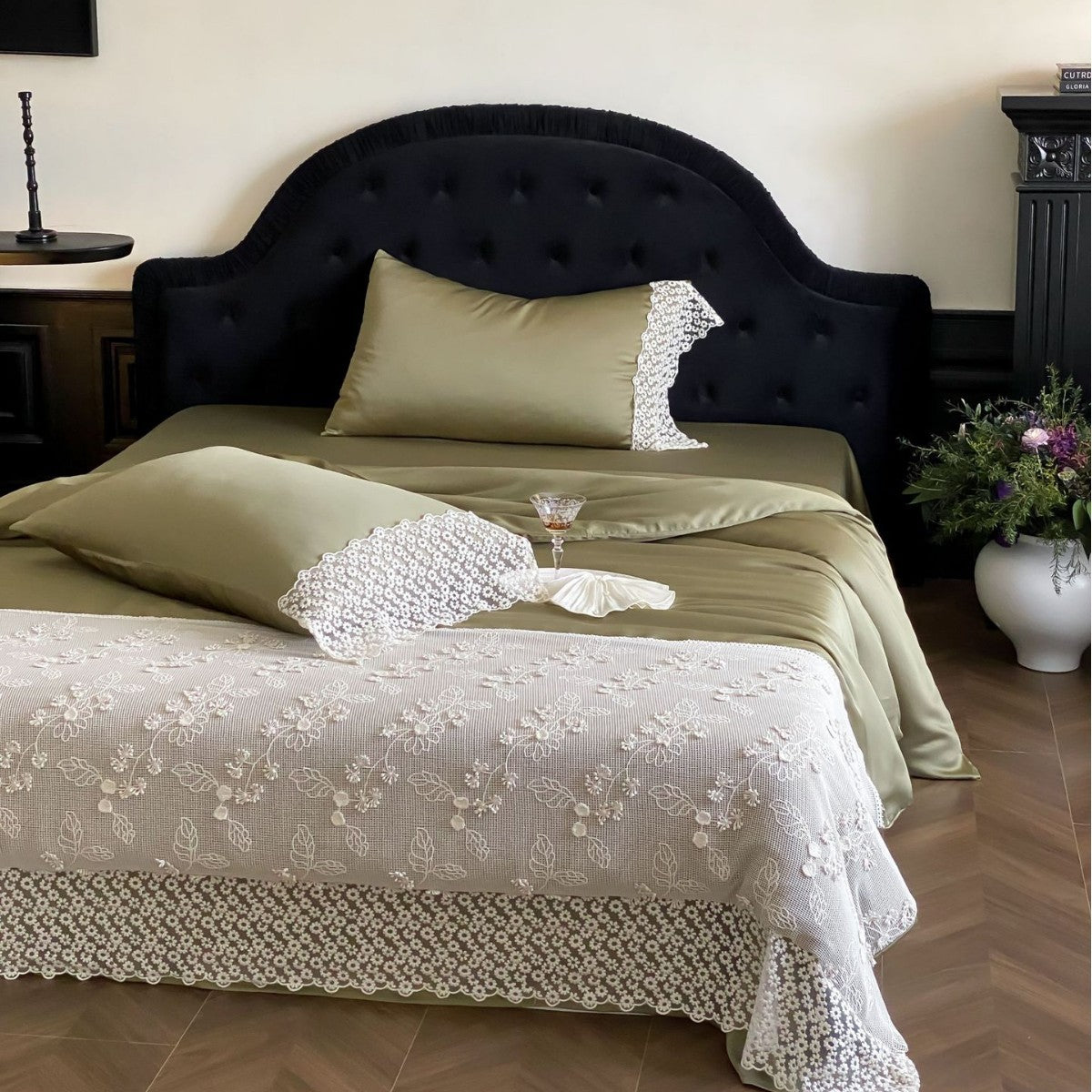 Satin bedding set with lace pillowcase and embroidered bedspread — product view 6