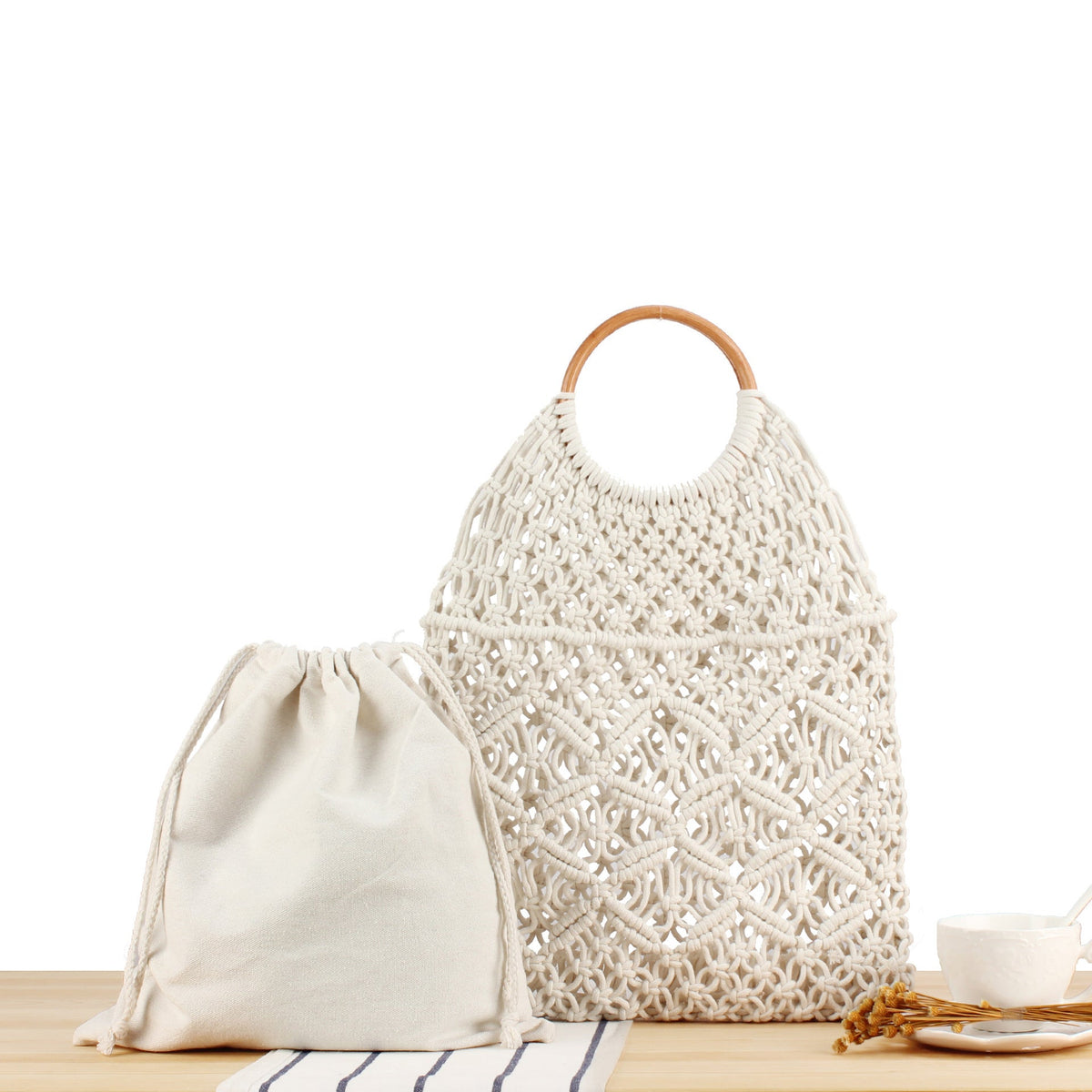Macrame Tote Bag with Double-Layer Inner Pocket LoungeYard — product view 1