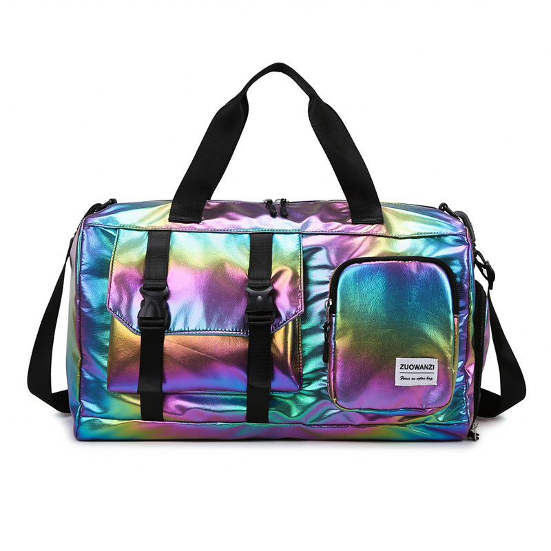 Fashionable travel bag with holographic surface and practical compartments LoungeYard — product view 2