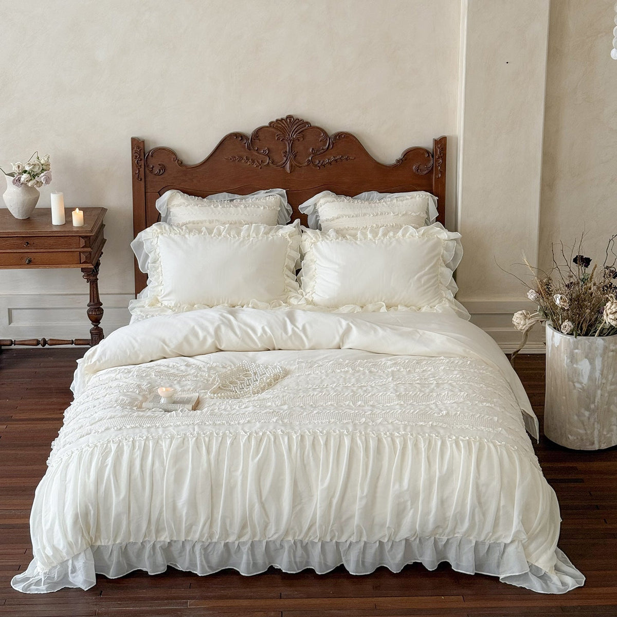 Romantic bedding complete set with ruffled bedspread, ruffle bed skirt, and decorative pillow — product view 7