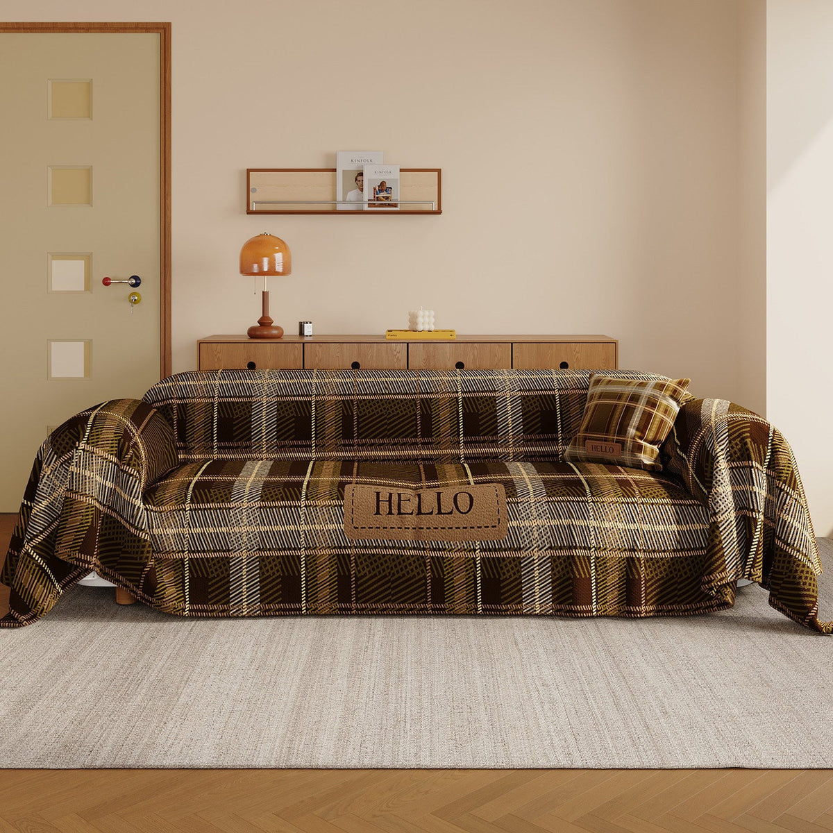 Brushed Microfiber Plaid Sofa Slipcover Throw with Bunny Appliqué and Removable Cushion Cover — product view 3