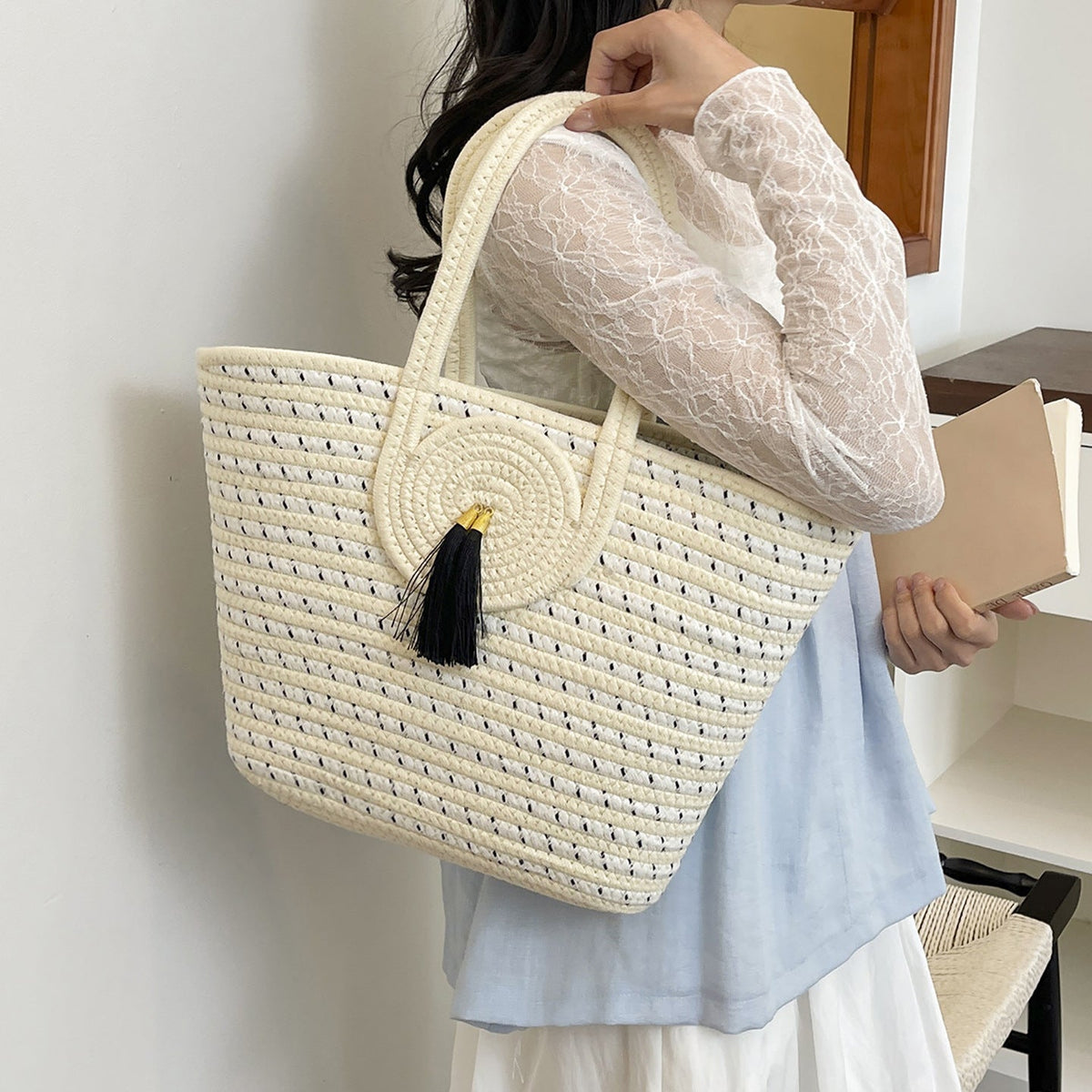 Striped Woven Beach Tote — product view 3