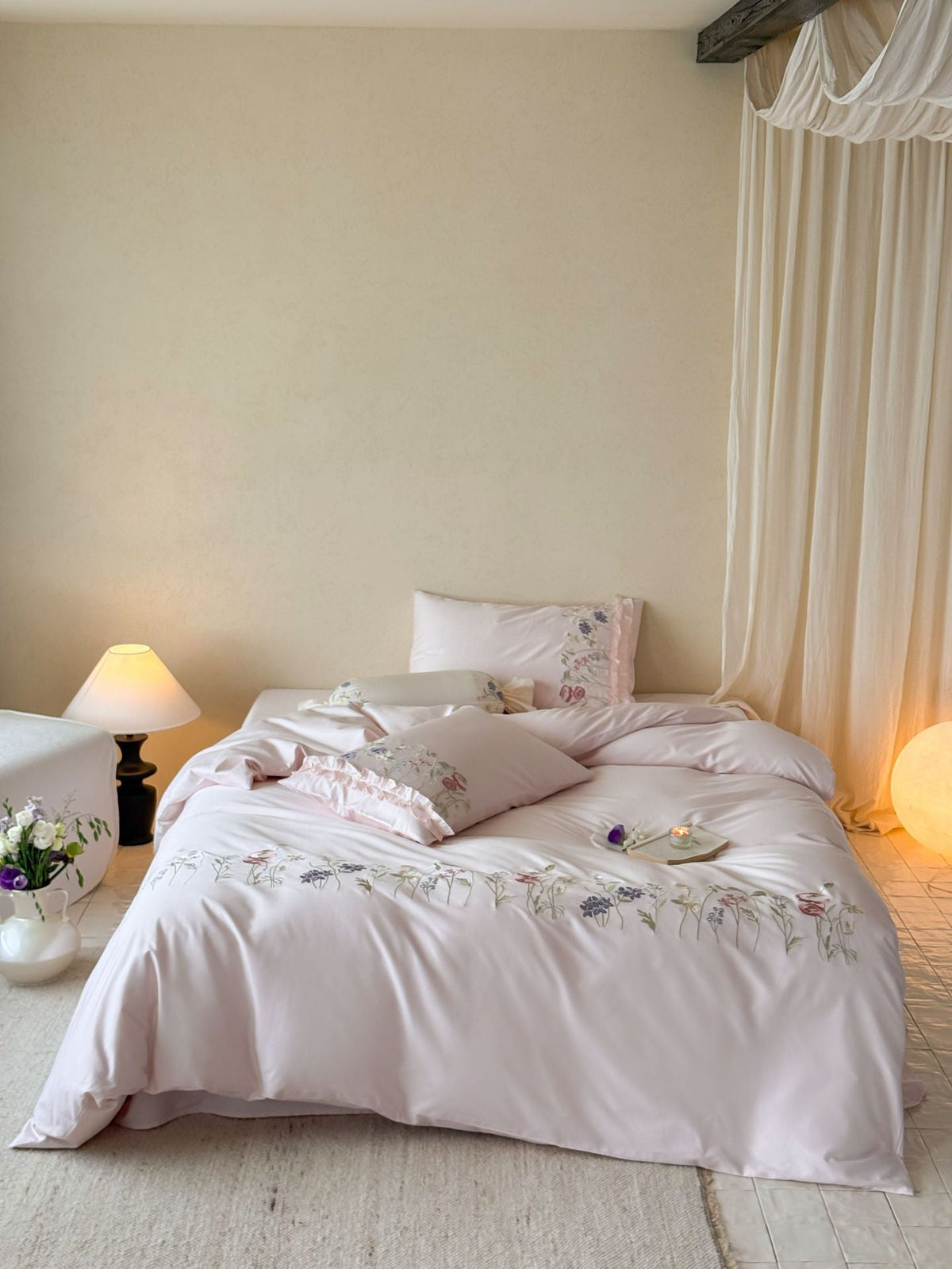 Fine satin bed linen set with delicate botanical embroidery and ruffled edge LoungeYard — product view 7