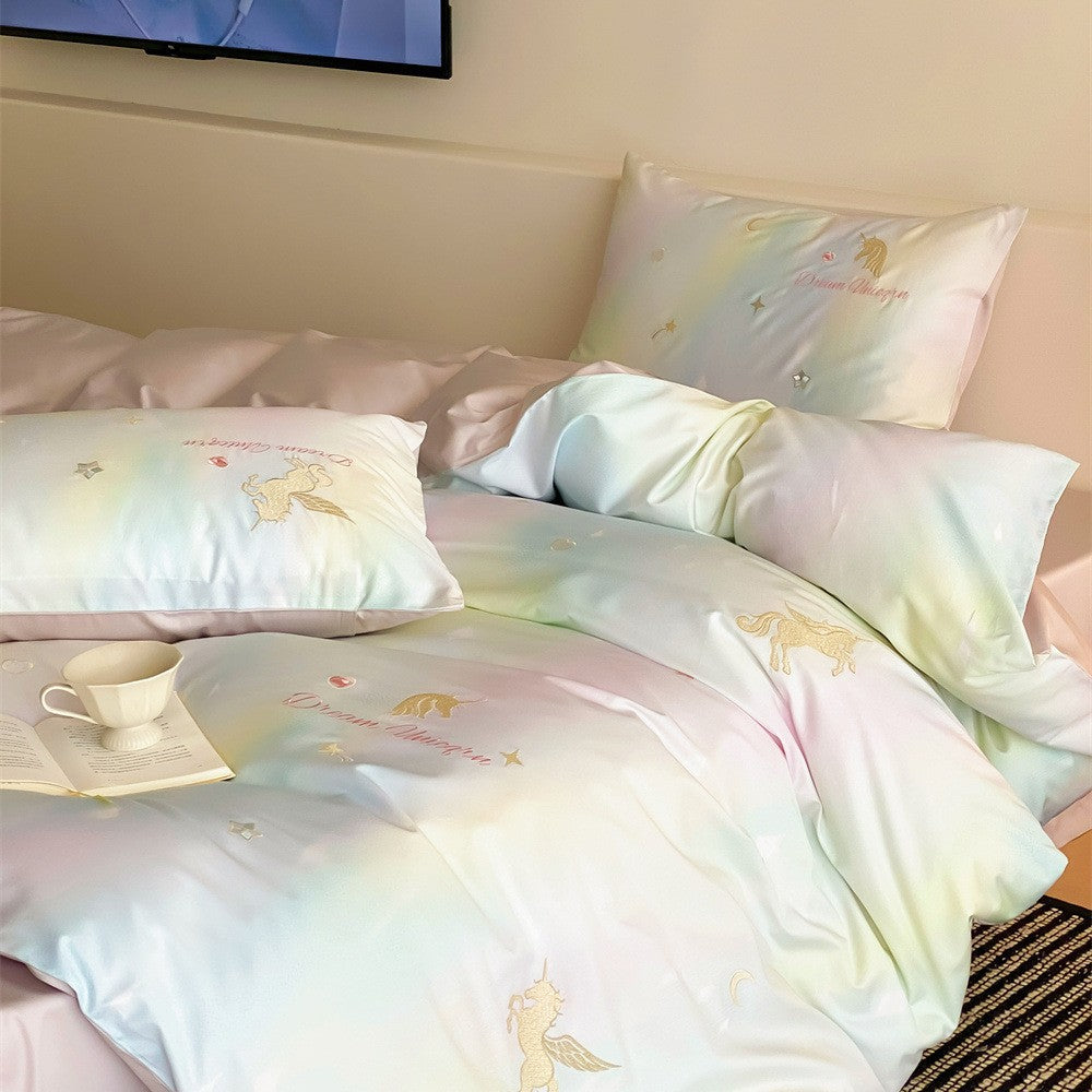 Pastel bedding set with unicorn embroidery and silky soft satin — product view 2