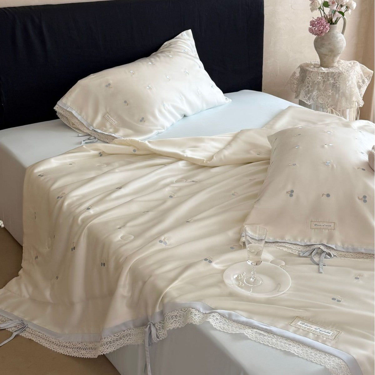 Luxurious cotton satin bedding set with cherry print, lace trim and frill — product view 2