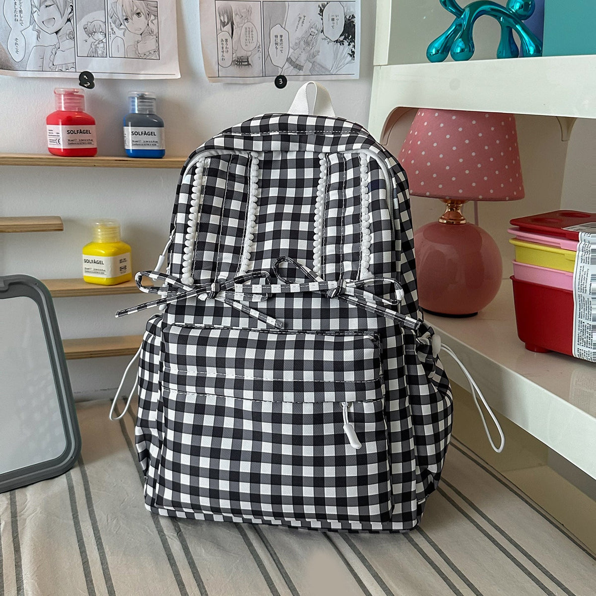Stylish Gingham Print School Backpack LoungeYard — product view 6